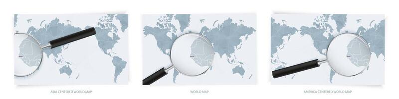Blue Abstract World Maps with magnifying glass on map of Gambia with the national flag of Gambia. Three version of World Map. vector