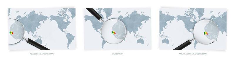 Blue Abstract World Maps with magnifying glass on map of Senegal with the national flag of Senegal. Three version of World Map. vector