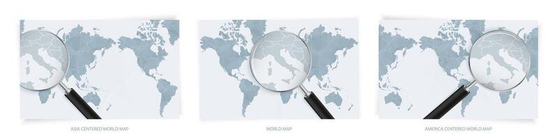 Blue Abstract World Maps with magnifying glass on map of Vatican City with the national flag of Vatican City. Three version of World Map. vector