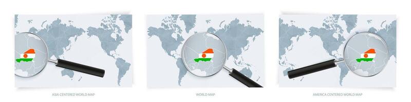 Blue Abstract World Maps with magnifying glass on map of Niger with the national flag of Niger. Three version of World Map. vector