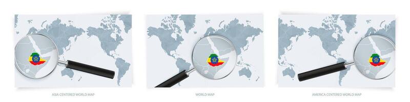 Blue Abstract World Maps with magnifying glass on map of Ethiopia with the national flag of Ethiopia. Three version of World Map. vector