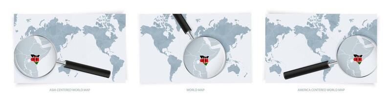 Blue Abstract World Maps with magnifying glass on map of Kenya with the national flag of Kenya. Three version of World Map. vector