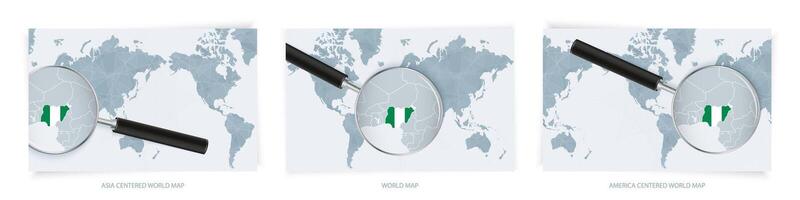 Blue Abstract World Maps with magnifying glass on map of Nigeria with the national flag of Nigeria. Three version of World Map. vector