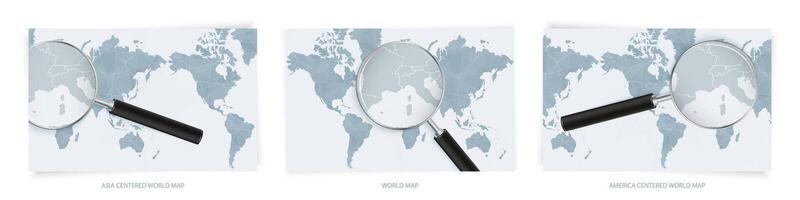 Blue Abstract World Maps with magnifying glass on map of Monaco with the national flag of Monaco. Three version of World Map. vector