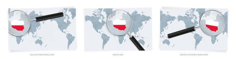 Blue Abstract World Maps with magnifying glass on map of Poland with the national flag of Poland. Three version of World Map. vector