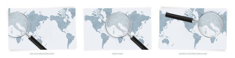 Blue Abstract World Maps with magnifying glass on map of San Marino with the national flag of San Marino. Three version of World Map. vector