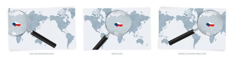Blue Abstract World Maps with magnifying glass on map of Czech Republic with the national flag of Czech Republic. Three version of World Map. vector