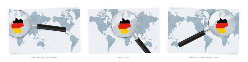 Blue Abstract World Maps with magnifying glass on map of Germany with the national flag of Germany. Three version of World Map. vector