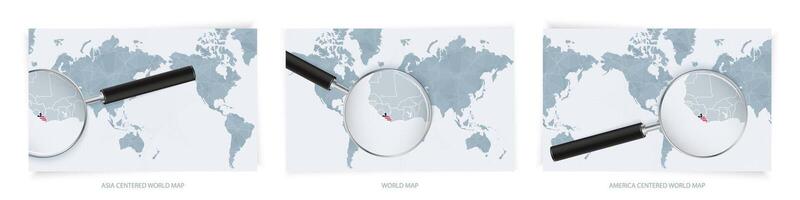 Blue Abstract World Maps with magnifying glass on map of Liberia with the national flag of Liberia. Three version of World Map. vector