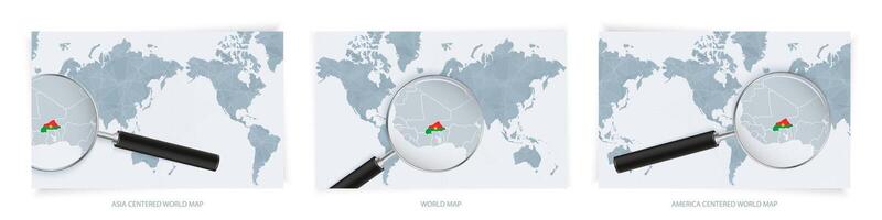 Blue Abstract World Maps with magnifying glass on map of Burkina Faso with the national flag of Burkina Faso. Three version of World Map. vector