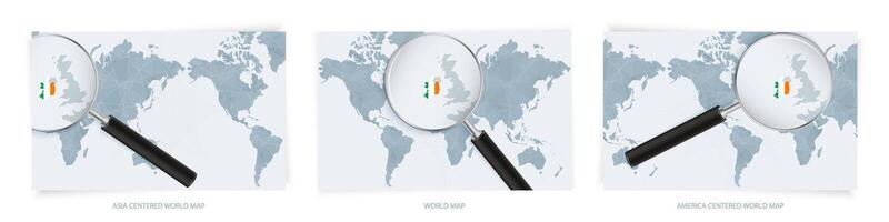 Blue Abstract World Maps with magnifying glass on map of Ireland with the national flag of Ireland. Three version of World Map. vector