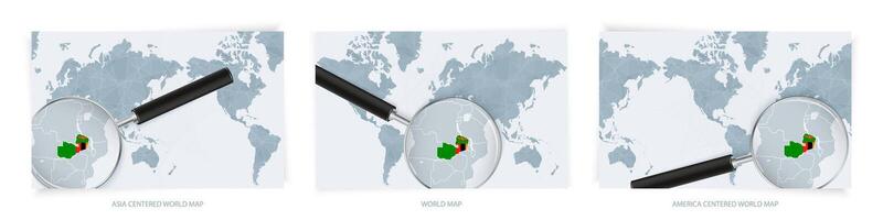 Blue Abstract World Maps with magnifying glass on map of Zambia with the national flag of Zambia. Three version of World Map. vector