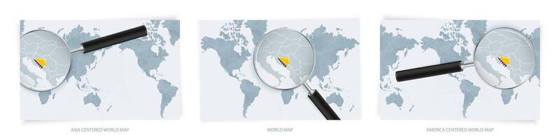 Blue Abstract World Maps with magnifying glass on map of Bosnia and Herzegovina with the national flag of Bosnia and Herzegovina. Three version of World Map. vector