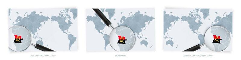 Blue Abstract World Maps with magnifying glass on map of Angola with the national flag of Angola. Three version of World Map. vector