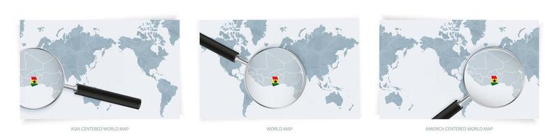 Blue Abstract World Maps with magnifying glass on map of Ghana with the national flag of Ghana. Three version of World Map. vector