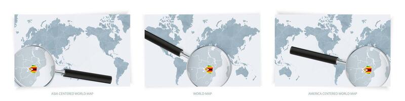 Blue Abstract World Maps with magnifying glass on map of Zimbabwe with the national flag of Zimbabwe. Three version of World Map. vector