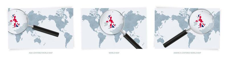 Blue Abstract World Maps with magnifying glass on map of United Kingdom with the national flag of United Kingdom. Three version of World Map. vector