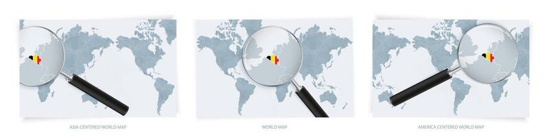 Blue Abstract World Maps with magnifying glass on map of Belgium with the national flag of Belgium. Three version of World Map. vector