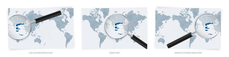 Blue Abstract World Maps with magnifying glass on map of Greece with the national flag of Greece. Three version of World Map. vector