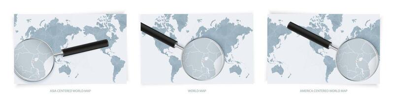 Blue Abstract World Maps with magnifying glass on map of Burundi with the national flag of Burundi. Three version of World Map. vector