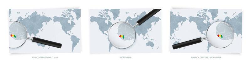 Blue Abstract World Maps with magnifying glass on map of Guinea with the national flag of Guinea. Three version of World Map. vector