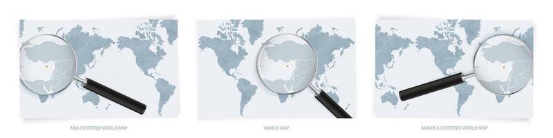 Blue Abstract World Maps with magnifying glass on map of Cyprus with the national flag of Cyprus. Three version of World Map. vector