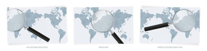Blue Abstract World Maps with magnifying glass on map of Luxembourg with the national flag of Luxembourg. Three version of World Map. vector