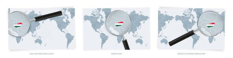 Blue Abstract World Maps with magnifying glass on map of Hungary with the national flag of Hungary. Three version of World Map. vector