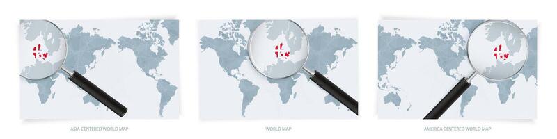 Blue Abstract World Maps with magnifying glass on map of Denmark with the national flag of Denmark. Three version of World Map. vector