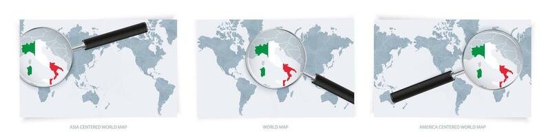Blue Abstract World Maps with magnifying glass on map of Italy with the national flag of Italy. Three version of World Map. vector