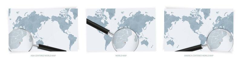 Blue Abstract World Maps with magnifying glass on map of Swaziland with the national flag of Swaziland. Three version of World Map. vector