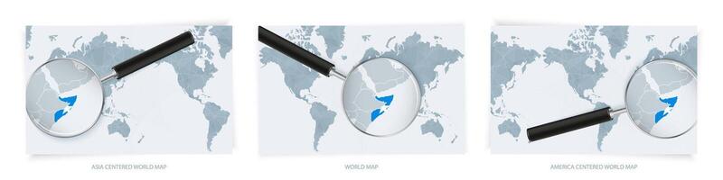 Blue Abstract World Maps with magnifying glass on map of Somalia with the national flag of Somalia. Three version of World Map. vector