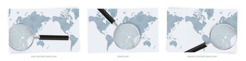 Blue Abstract World Maps with magnifying glass on map of Rwanda with the national flag of Rwanda. Three version of World Map. vector