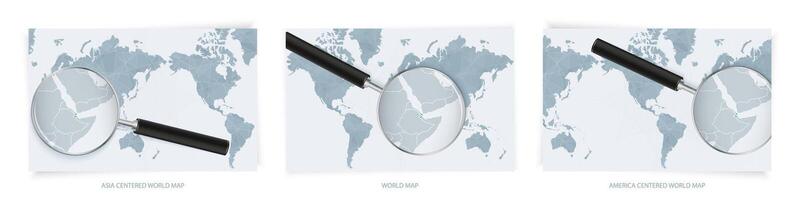 Blue Abstract World Maps with magnifying glass on map of Djibouti with the national flag of Djibouti. Three version of World Map. vector