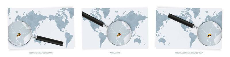 Blue Abstract World Maps with magnifying glass on map of Uganda with the national flag of Uganda. Three version of World Map. vector