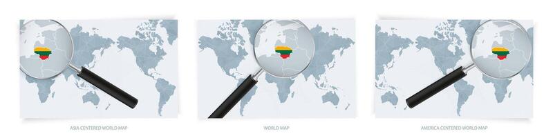 Blue Abstract World Maps with magnifying glass on map of Lithuania with the national flag of Lithuania. Three version of World Map. vector