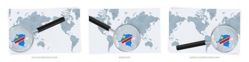Blue Abstract World Maps with magnifying glass on map of DR Congo with the national flag of DR Congo. Three version of World Map. vector