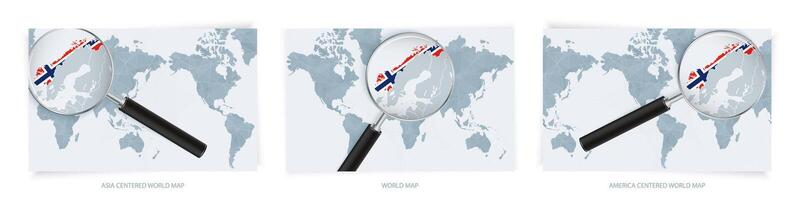 Blue Abstract World Maps with magnifying glass on map of Norway with the national flag of Norway. Three version of World Map. vector