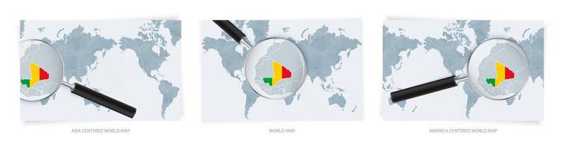 Blue Abstract World Maps with magnifying glass on map of Mali with the national flag of Mali. Three version of World Map. vector