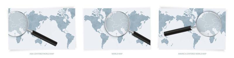 Blue Abstract World Maps with magnifying glass on map of Liechtenstein with the national flag of Liechtenstein. Three version of World Map. vector
