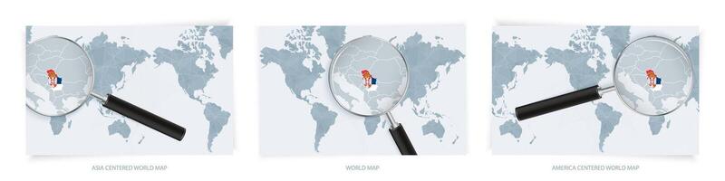 Blue Abstract World Maps with magnifying glass on map of Serbia with the national flag of Serbia. Three version of World Map. vector