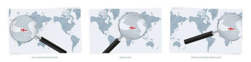 Blue Abstract World Maps with magnifying glass on map of Georgia with the national flag of Georgia. Three version of World Map. vector