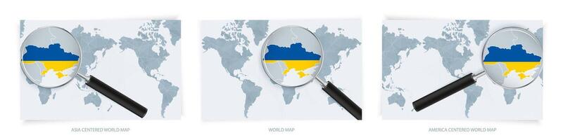 Blue Abstract World Maps with magnifying glass on map of Ukraine with the national flag of Ukraine. Three version of World Map. vector