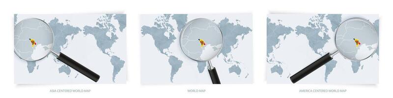 Blue Abstract World Maps with magnifying glass on map of Moldova with the national flag of Moldova. Three version of World Map. vector