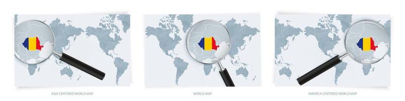 Blue Abstract World Maps with magnifying glass on map of Romania with the national flag of Romania. Three version of World Map. vector