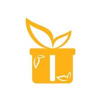 Gift box with leaves icon. Flat design Design element illustration of a gift in a gold box and a leaf-shaped ribbon and a leaf symbol on the box. a gift with a nature theme vector