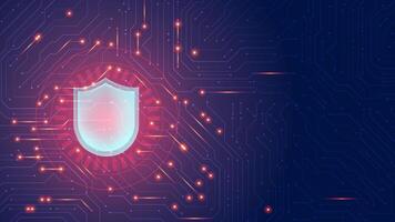 Cyber security shield background. Data hacking attract and security protecting circuit board. blue, red editable vector