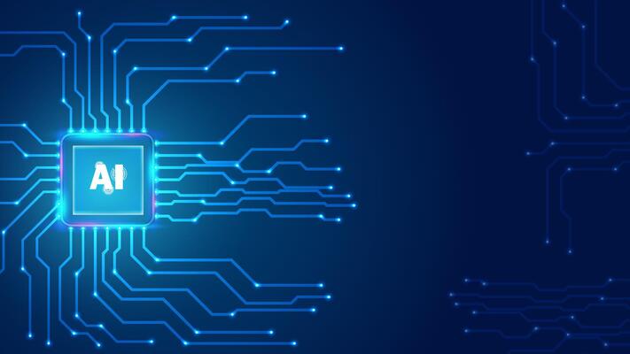Circuit board abstract with artificial intelligence logo chip technology or central processing unit AI. Blue pattern background editable