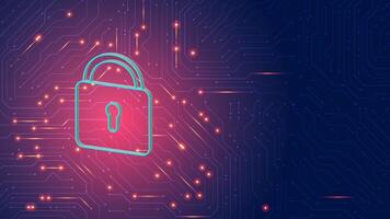 Cyber security padlock background. Data hacking attract and security protecting circuit board. blue, red editable vector