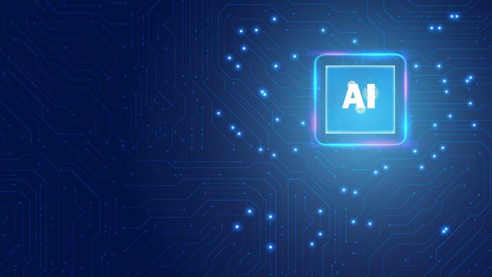 Circuit board abstract with artificial intelligence logo chip technology or central processing unit AI. Blue pattern background editable